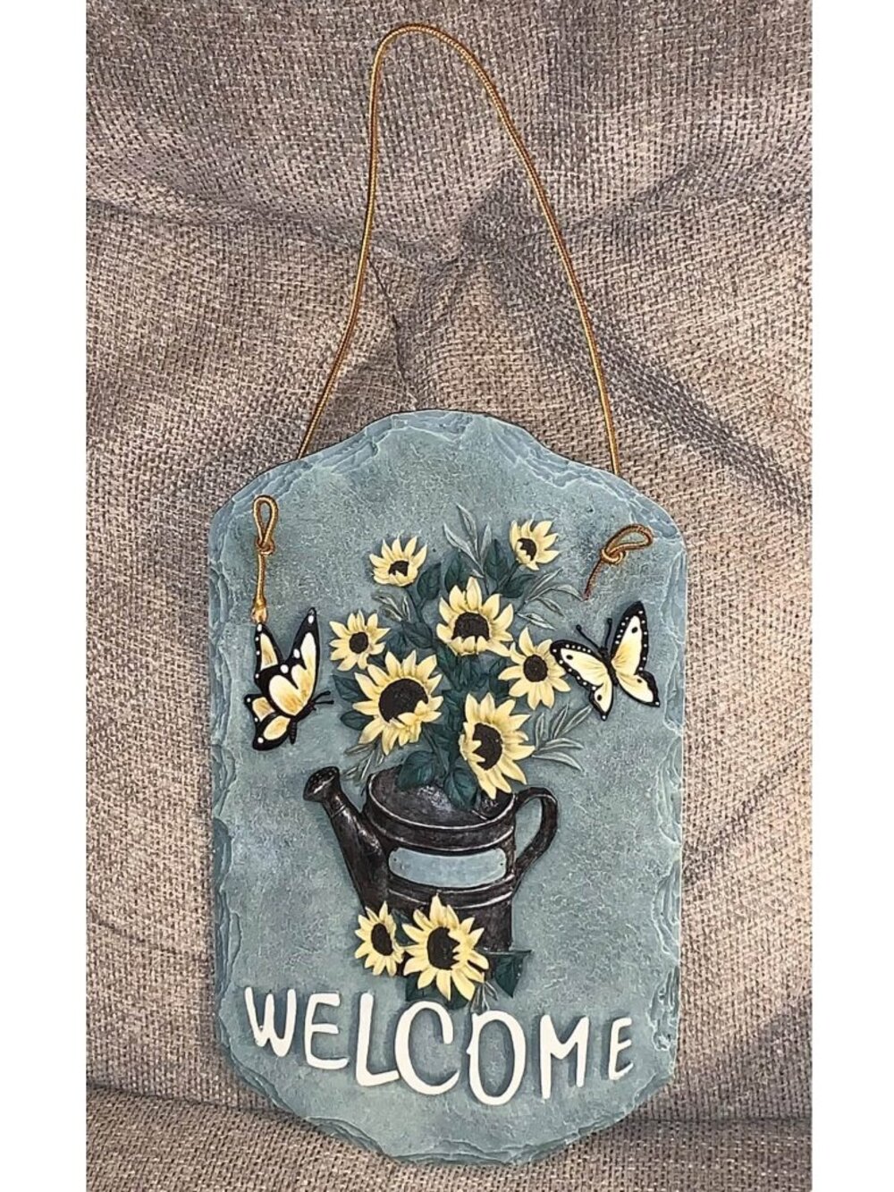TCR "Welcome" Resin Plaque Sign w/ Sunflowers, Watering Can & Butterflies Design